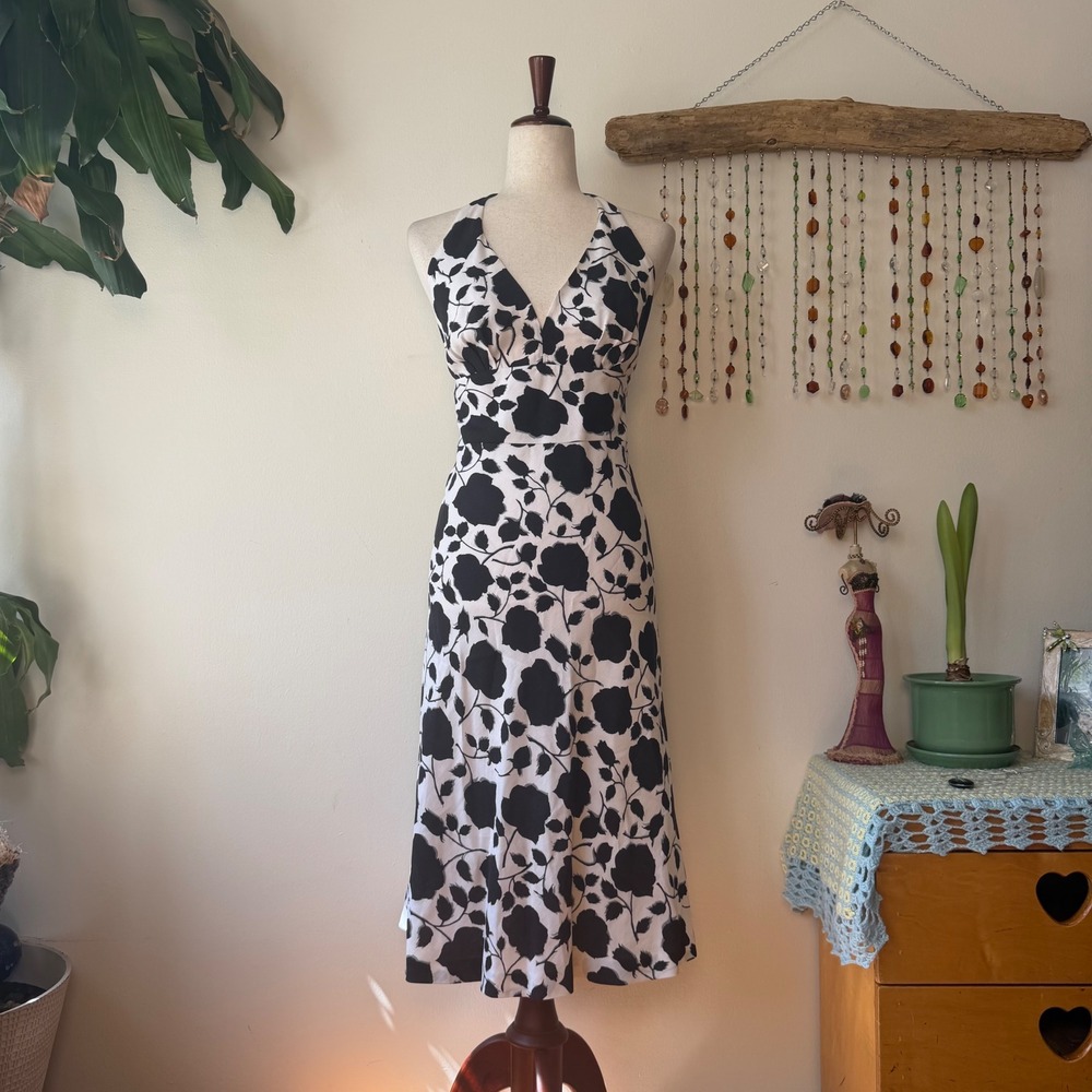 Clifford & Wills Black White Floral Halter Midi Dress Y2K Twee Retro Femme 8